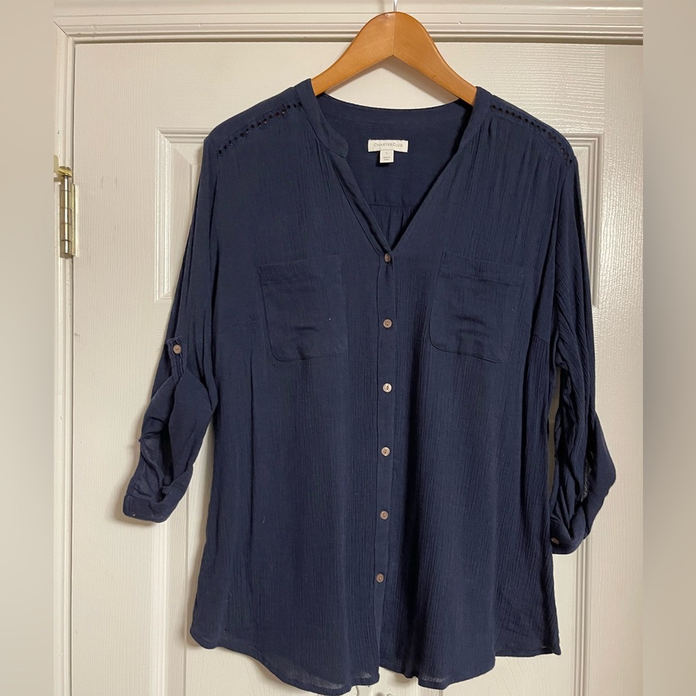 Charter Club Navy Button-Front V-Neck Blouse